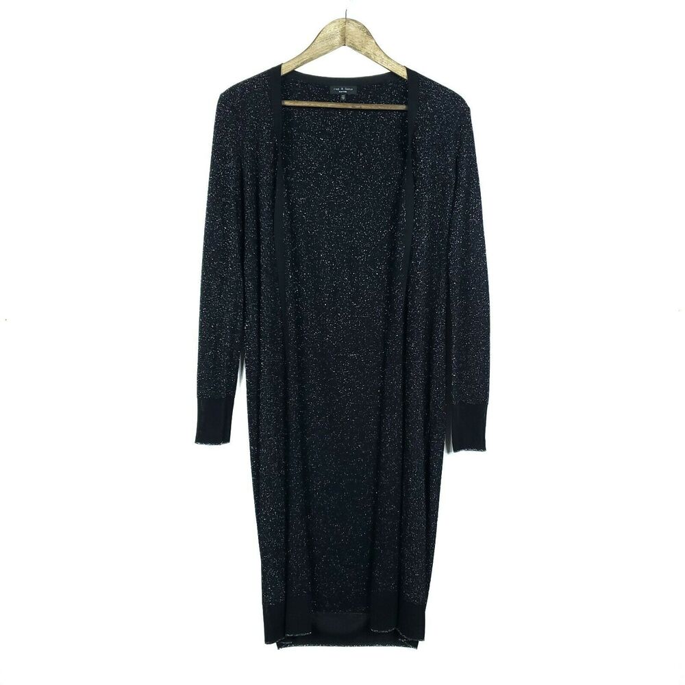 Rag & Bone Womens Duster Cardigan XS Black Metallic Knit Open Front Quiet Luxury